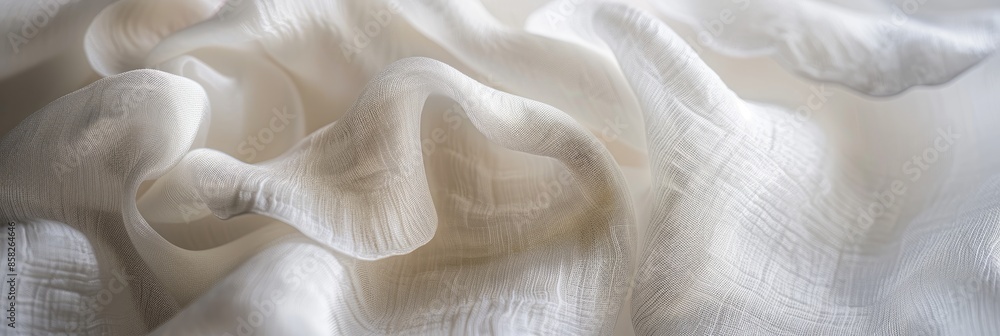 Poster a close-up photo showcasing the texture and drape of white fabric with a soft, out-of-focus backgrou