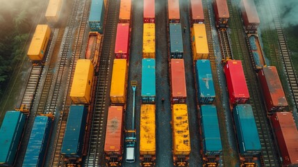 Efficient loading of shipping containers onto freight trains, illustrating the role of rail transport in global trade.