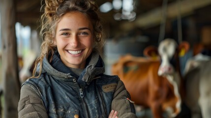 A joyous young woman in dark farm attire, smiling broadly and standing in front of cows in a barn, highlighting her active connection to the farm life and animals around her.