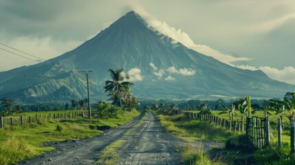 Fototapeta premium A mountain range is in the background with a road leading to it