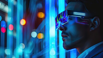 Futuristic man wearing virtual reality glasses in a neon-lit environment, representing advanced technology and innovation in immersive experiences.