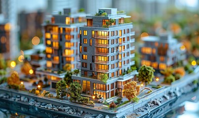 Stunning architectural model of a multi-story residential building, showcasing its construction progress and investment potential, with ample copy space. illustration images