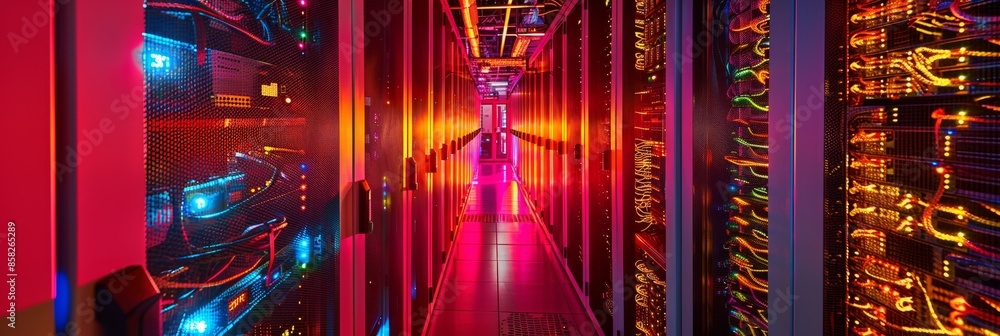 Poster a wide shot of a secure server room filled with glowing servers, showcasing the intricate data encry