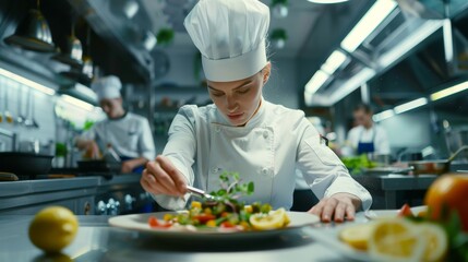 Skilled female chef plating matjes dish in modern kitchen with state of the art appliances