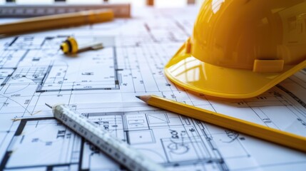 Blueprint floor plan and yellow construction helmet on a table, pencil nearby, reflecting the strategic planning involved in architecture.