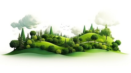 Naklejka premium green landscape isolated on white background, nature, mountain, trees, sky, forest, background, hill, watercolor, scenery, morning, summer, travel, recreation, relax