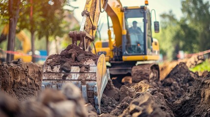 Backhoe working hard, digging soil at a construction site, demonstrating the power and efficiency of heavy machinery.