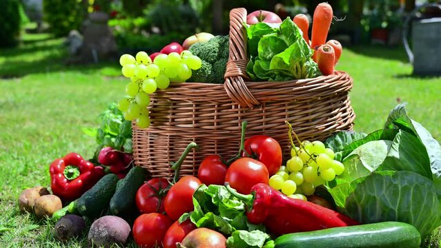 Wicker basket with vegetables and fruits in the garden