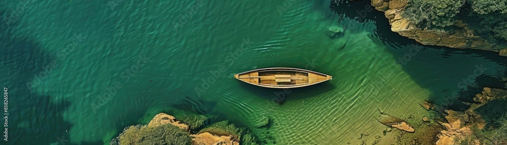 Poster aerial view of a rowboat floating in clear, green water surrounded by rocks and lush vegetation, cre