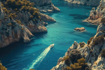 A small boat cruises through the turquoise waters surrounded by rocky cliffs and lush greenery of a tranquil coastal canyon.