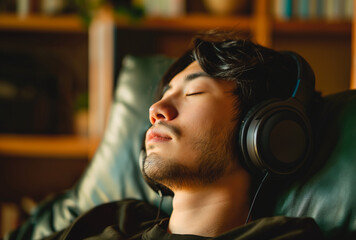 a young man relaxing in his living room, wearing headphones and listening to music