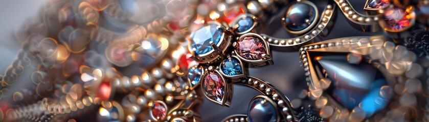 A photorealistic 3D model of a piece of jewelry with sparkling gemstones and intricate designs
