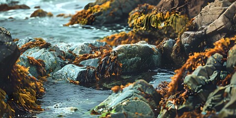 Capturing the Beauty of Coastal Landscapes Rocky Shorelines, Seaweed, and Textured Rocks in Greens and Browns. Concept Coastal Landscapes, Rocky Shorelines, Seaweed, Textured Rocks, Greens, Browns