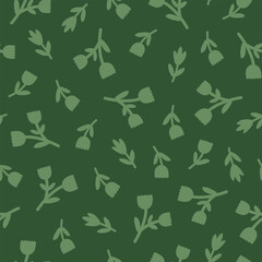 Abstract floral seamless pattern. Organic nature botanical print. Basic naive shapes on a green background. Vector illustration	