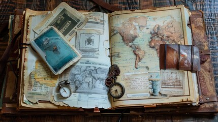  A traveler's journal spread with sketches and mementos from around the world, capturing diverse cultures and unique experiences from different continents.