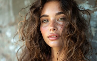 Fototapeta premium A woman with brown hair and green eyes is standing in front of a wall. She has a smile on her face and is wearing makeup