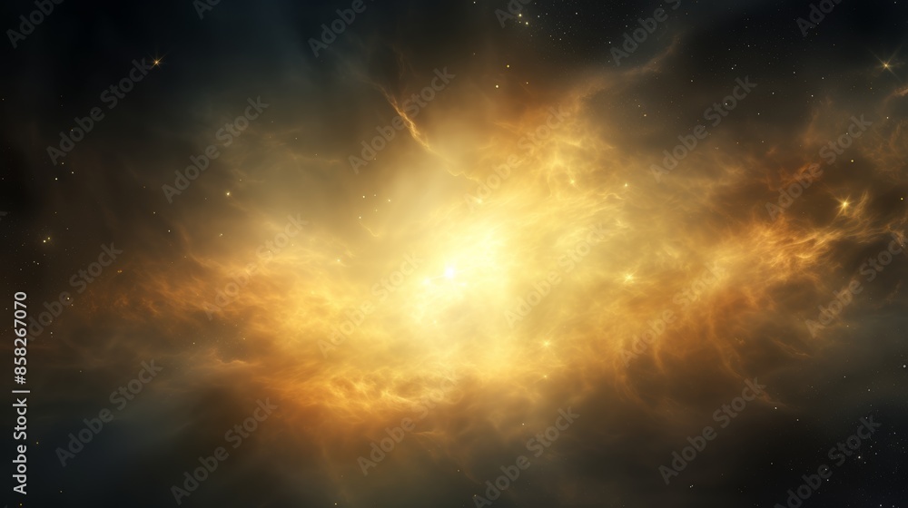 Poster a nebula, a vast cloud of gas and dust in space, glowing with a soft, ethereal yellow light.