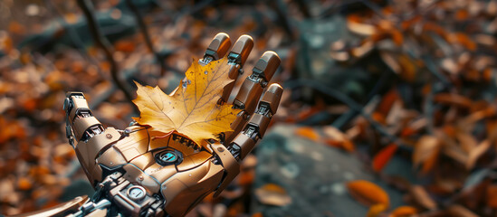 Close-up of a brown robotic hand holding an autumn maple leaf on an open palm against a background of earth with fallen autumn leaves. The concept of a cyborg personifying autumn as a season