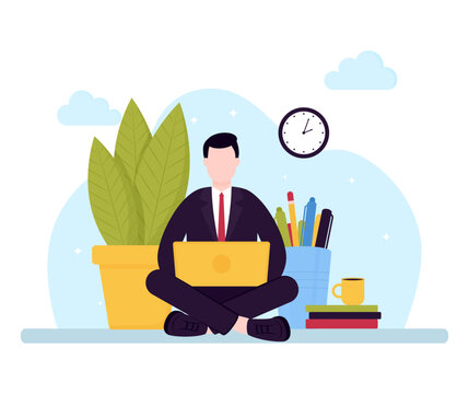 recommend clip art: Businessman working on a laptop. Vector background with plant and stationery.