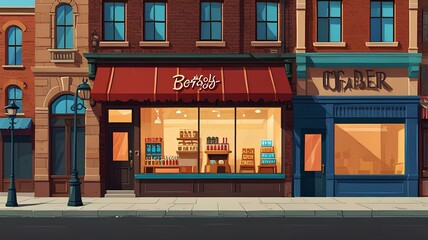 Fototapeta premium Shops fronts on street. Shopping retail facades, bistroshop and barber boutique, bakery and pet store with sidewalk cartoon vector illustration.
