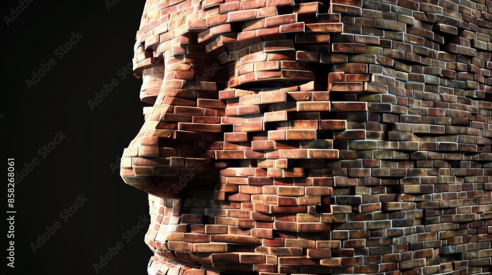 Poster a brick sculpture of a face made out of bricks, ai