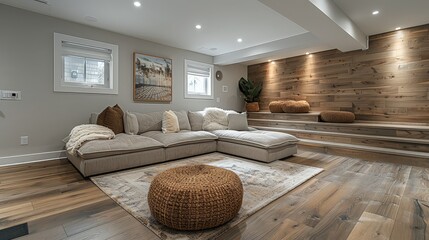 Basement renovation featuring new flooring and organized storage solutions.