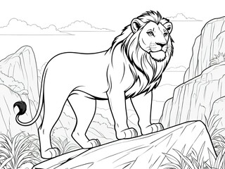 Obraz premium A coloring book of a lion standing majestically on a rock. Vector illustration.