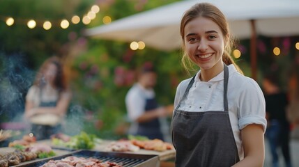 Woman in apron grilling outdoors, space for text, enjoying a summer social gathering.