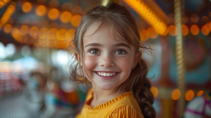 Obraz premium A smiling young girl with a ponytail enjoys a bright carousel ride, with an expression of delight, encapsulating the wonder and excitement of youth.