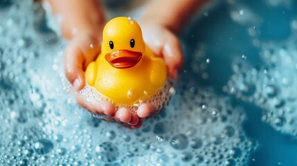Child hands holding yellow rubber duck in bubble bath on pastel blue background. 