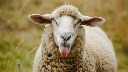 Obraz premium Funny sheep. Portrait of sheep showing tongue. 