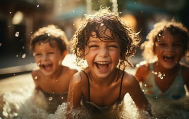 Obraz premium Three young girls are playing in a pool, laughing and splashing water. Scene is joyful and carefree, as the children are enjoying their time together
