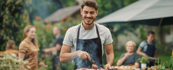 Woman grilling outdoors with a text banner space, barbecue scene.