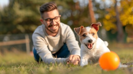 Male Pet sitter having fun with a dog playing ball in a beautiful green park. Pet outdoor activities, pet services, and side hustle.