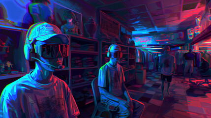 A 1990s style clothing store with mannequins in vintage outfits. Customers' faces hidden by hats, sunglasses, or turned away. Neon-accented clothes on shelves, evoking a nostalgic shopping atmosphere.