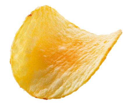High resolution image of a single golden potato chip with a transparent backdrop