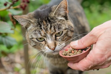 Pet sitter feeding a cat in cozy kitchen with tidy background for promoting freelance pet care, part-time pet sitting and the comfort of home environments