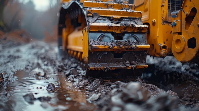 Excavation digging trenches, earthmoving equipment, construction zone, bulldozer and shovels, soil removal