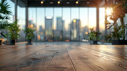 A spacious modern office with wooden floors, potted plants, and large windows showcasing a mesmerizing cityscape at sunset, reflecting a calm and productive atmosphere.