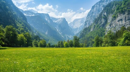 Obraz premium a beautiful green meadow in the Alps, with tall trees and majestic mountains in the background, capturing a wide view of the natural landscape on a stunning summer day.