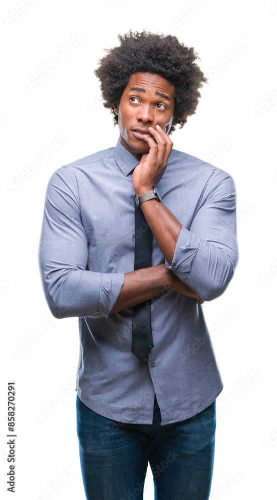 Sticker afro american business man over isolated background thinking looking tired and bored with depression