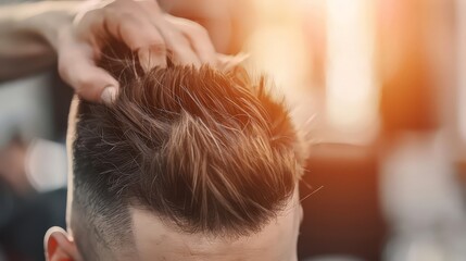 Fototapeta premium Haircut head in barbershop. barber cuts the hair on the head of the client.