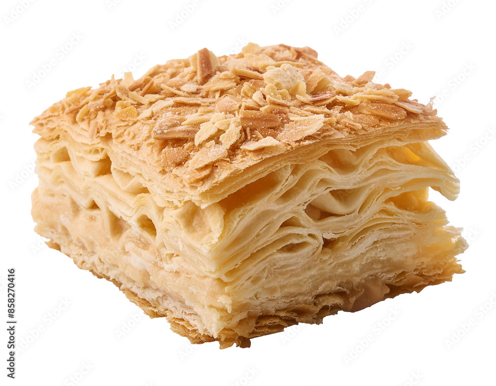 Poster close up of a flaky almond puff pastry, isolated with a clipping path on a transparent background