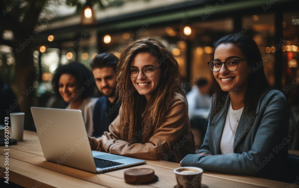 Poster a group of people are sitting around a table with a laptop open. they are smiling and seem to be enj