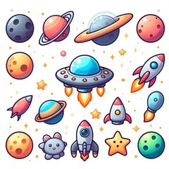 Space Exploring Cartoon Icons Planets, Rocket, UFO.