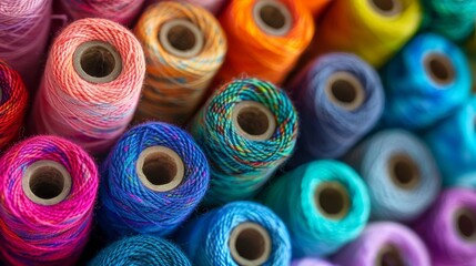 Another view of yarn spools with various vibrant colors,