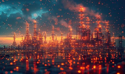 Fototapeta premium Holographic display of industrial infrastructure, including power plants, refineries, and storage tanks, with data charts on price and demand. illustration images