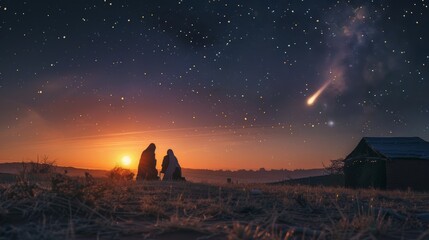 Photograph of the Nativity - Scene with the Holy Family with a comet at sunrise.