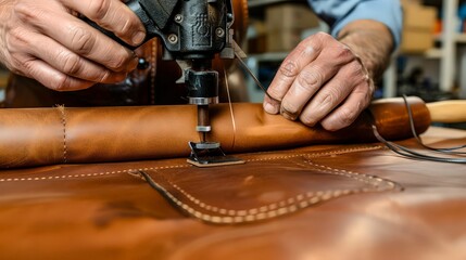 Master tanner sews a product from genuine leather. 