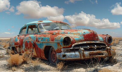 Fototapeta premium Rusted vintage car wreck abandoned in desolate desert, a haunting reminder of forgotten past and lost dreams. illustration images
